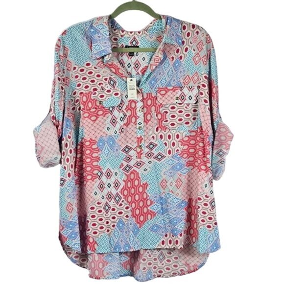Talbots Geometric Button Up Blouse 2XP Multicolor Patchwork Roll Tab Sleeves NWT - Picture 1 of 10